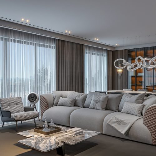 3d rendering gray sofa and luxury living room window near the sofa.