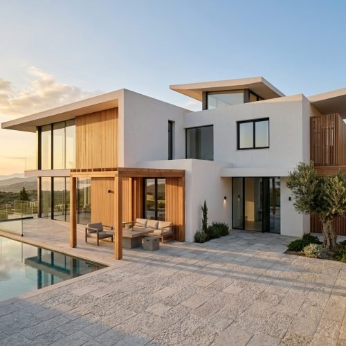 Modern luxury villa with infinity pool at sunset